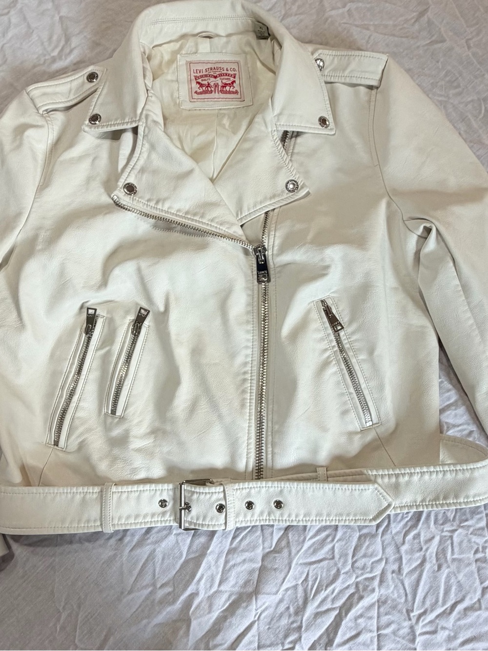 Levi's White Faux Leather Biker Jacket with Belt